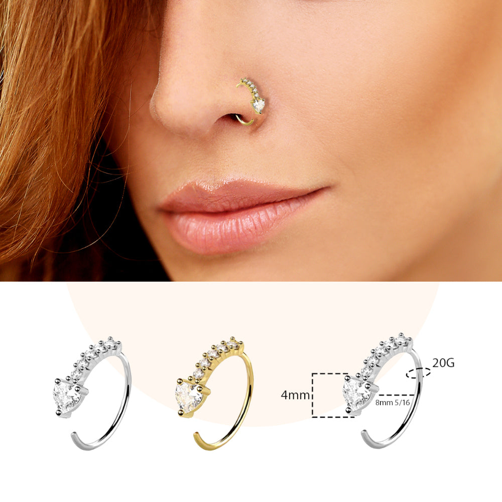 Surgical Steel Nose Ring Hoop 20G 8mm with Paved CZ Heart End