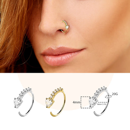 Surgical Steel Nose Ring Hoop 20G 8mm with Paved CZ Heart End