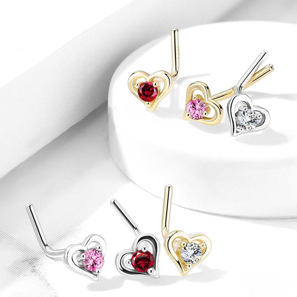 14K Solid Gold 20 Gauge L Shaped Nose Stud with Center CZ Heart - photo 3