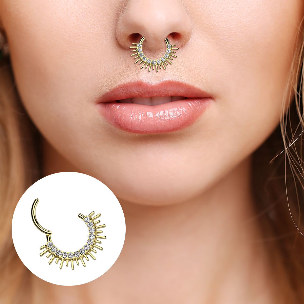 Titanium Hinged Septum Ring 16G 8mm & 10mm with CZ Spike - photo 2