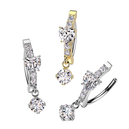 Surgical Steel Hinged Belly Ring 14G 12mm with CNC-Set CZ Heart Dangle