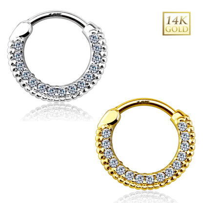 14K Solid Gold 14 and 16 Gauge Septum Clicker with Front Facing CZ