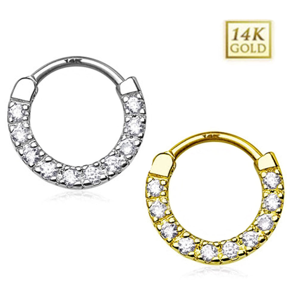 14K Solid Gold 14 Gauge Septum Clicker with Front Facing CZ Line