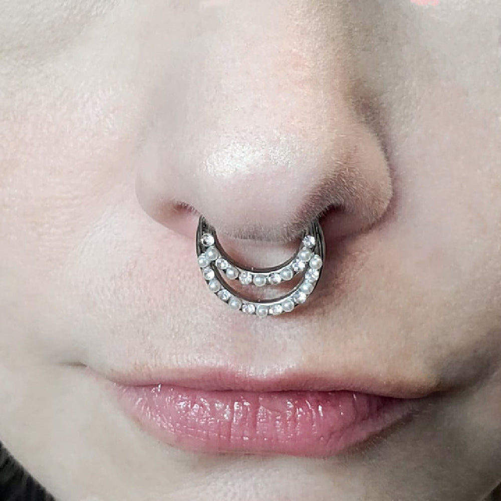 Surgical Steel 16 Gauge CZ Pearl Double Row Hinged Segment Ring