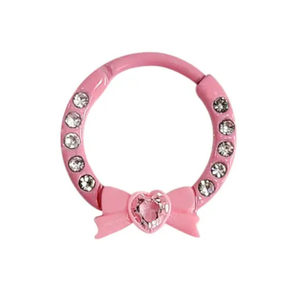 Surgical Steel 16 Gauge Pink Heart Bow CZ Hinged Segment Ring
