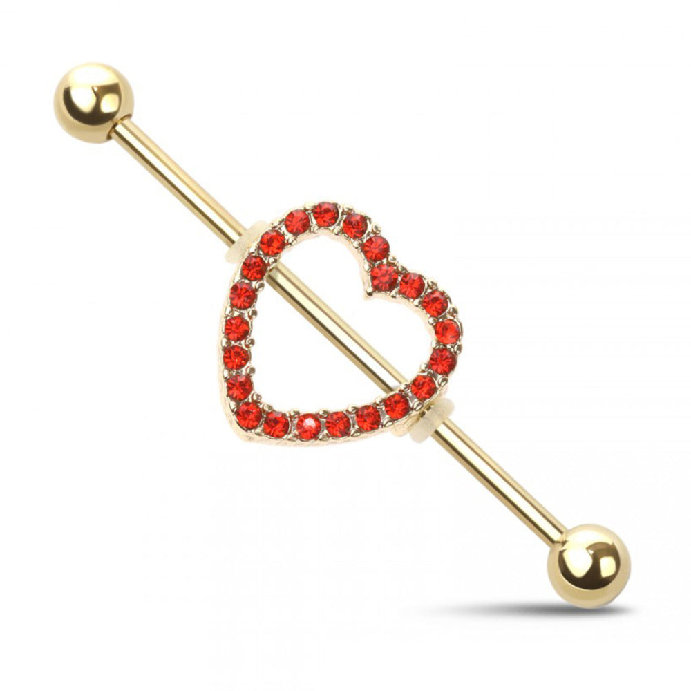 Surgical Steel 14 Gauge Industrial Barbell with PVD Gold Red CZ Heart