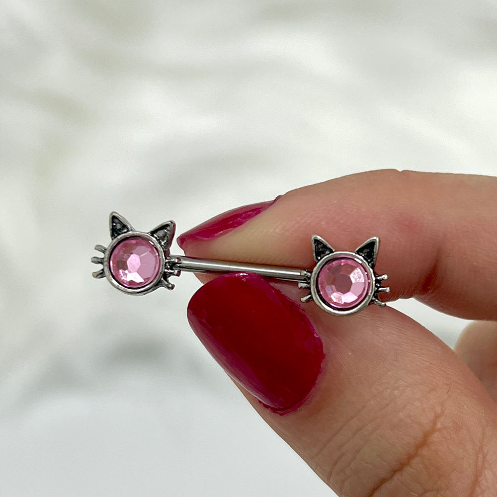 Surgical Steel 14 Gauge Nipple Barbell with Pink CZ Kitty Cat - Pair - photo 3