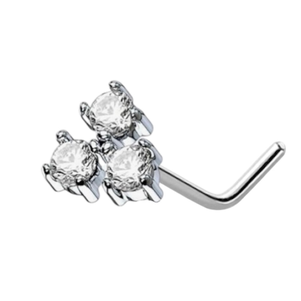 Surgical Steel L Shaped Nose Stud 20G 6mm with Triple CZ Prong Set