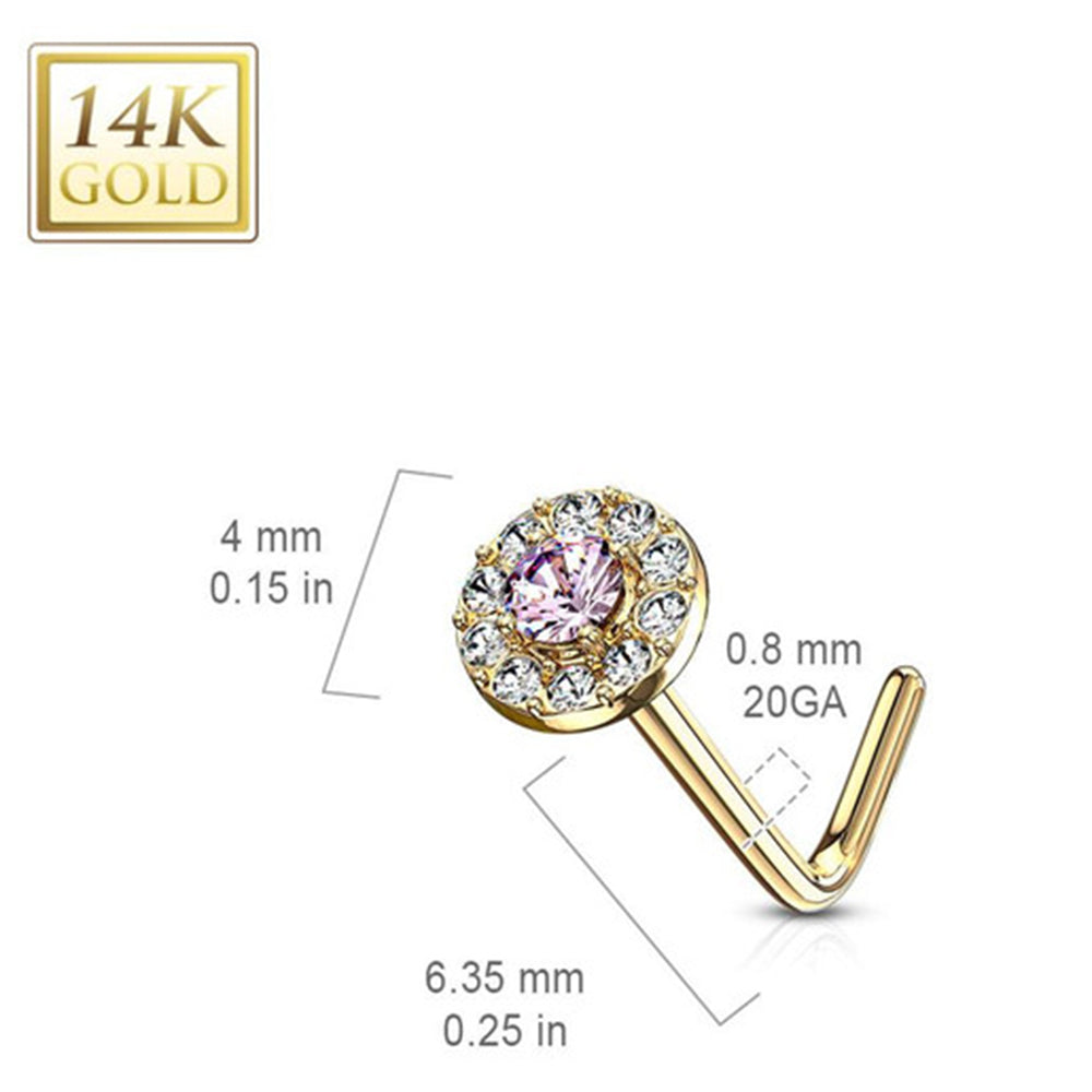 14K Solid Gold 20 Gauge L Shaped Nose Stud with Double Tier CZ - photo 3