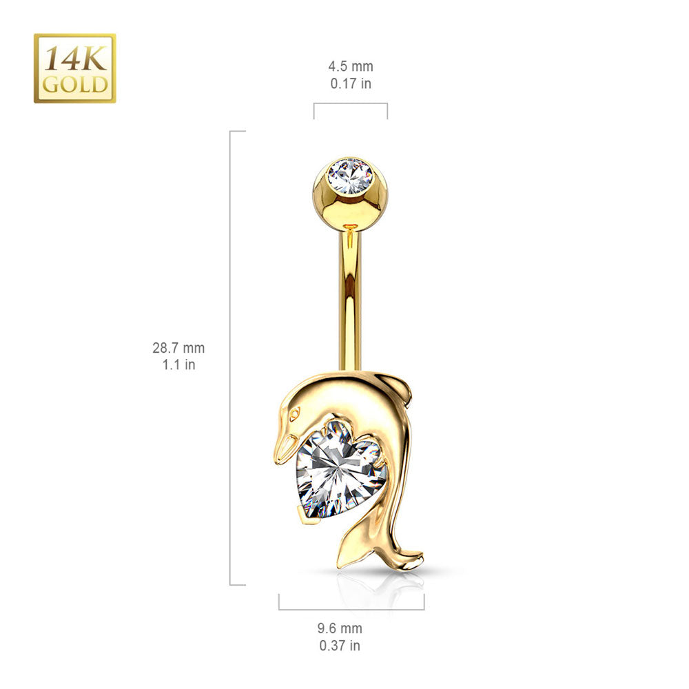 14K Solid Gold 14 Gauge Belly Ring Love Heart CZ Dolphin - photo 2
