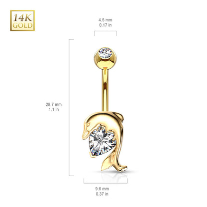 14K Solid Gold 14 Gauge Belly Ring Love Heart CZ Dolphin - photo 2