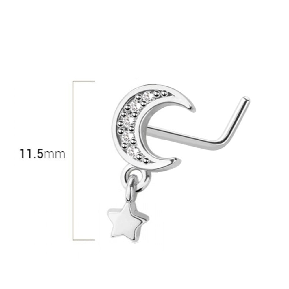 Surgical Steel L Shaped Nose Stud 20G 6mm with Dangle Star & CZ Moon - photo 2