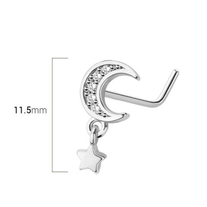 Surgical Steel L Shaped Nose Stud 20G 6mm with Dangle Star & CZ Moon - photo 2