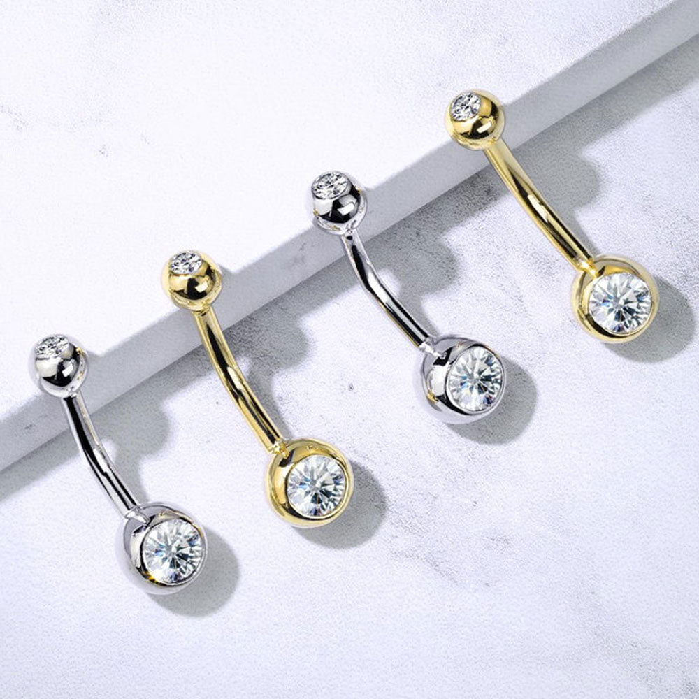 14K Solid Gold 14 Gauge Curved Barbell Belly Ring with Double CZ - photo 5