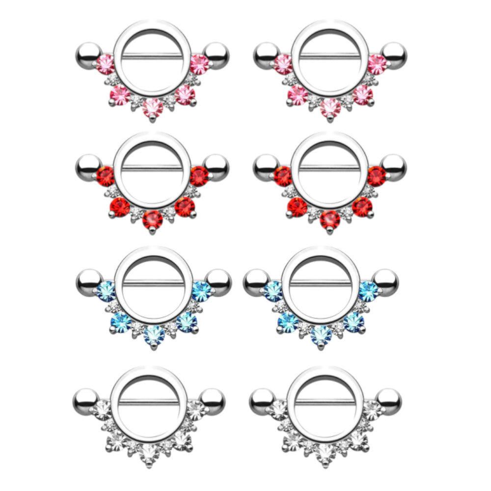 Surgical Steel 14 Gauge Nipple Shield with Half Circle Lined CZ - Pair