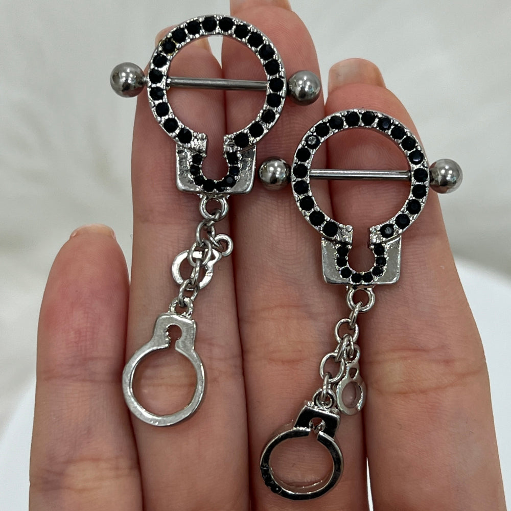 Surgical Steel Black CZ Handcuff Nipple Shield Rings 14 Gauge - Pair