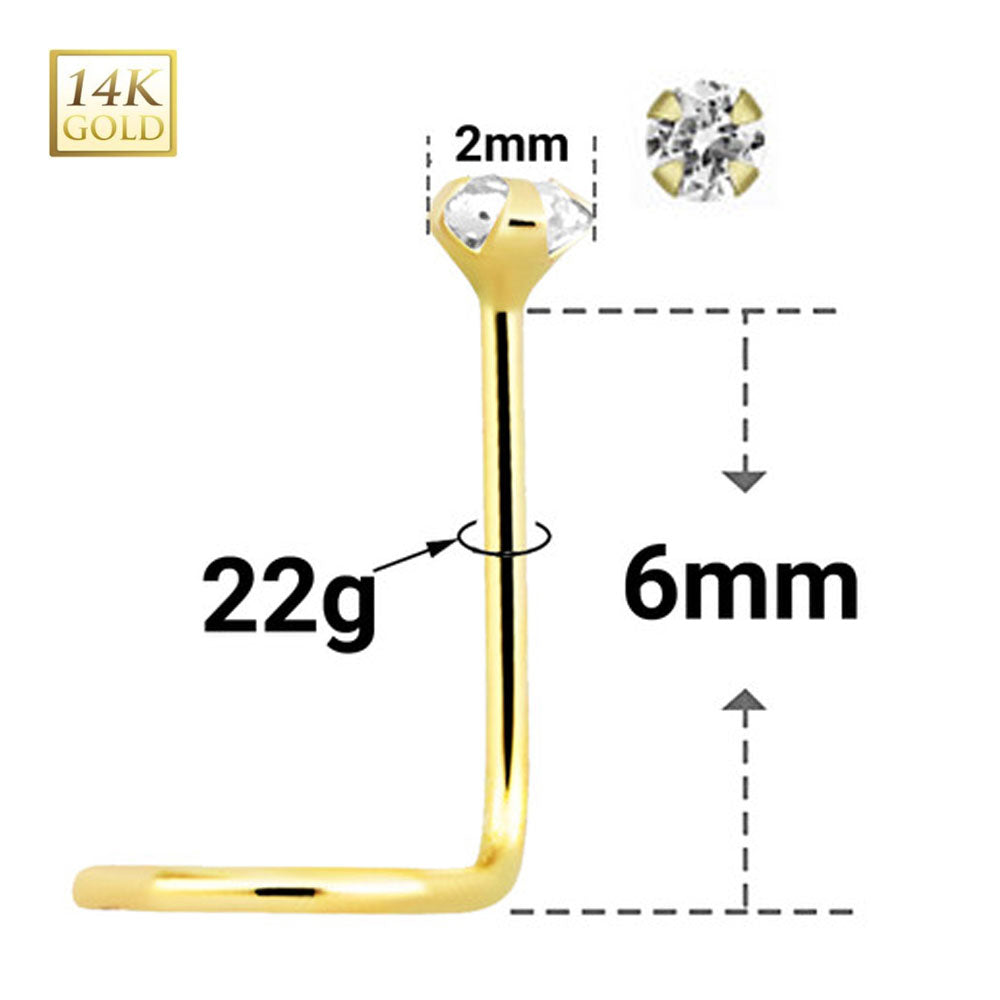14K Solid Yellow Gold Nose Screw 22 Gauge 6mm with 2mm Clear CZ - photo 3