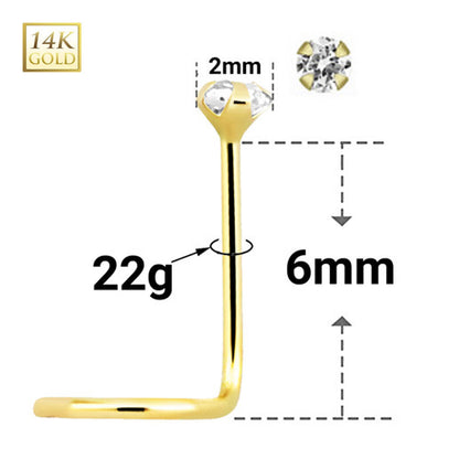14K Solid Yellow Gold Nose Screw 22 Gauge 6mm with 2mm Clear CZ - photo 3