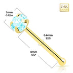 14K Solid Gold 22 Gauge Prong CZ Top Nose Bone Stud