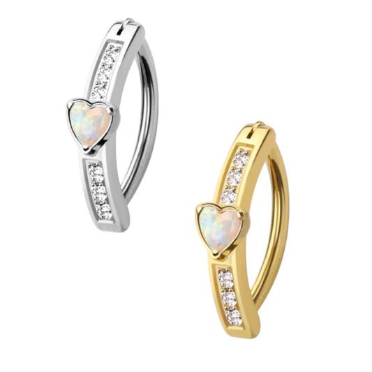 Surgical Steel 14 Gauge Hinged Belly Button Ring CZ Heart with Opal