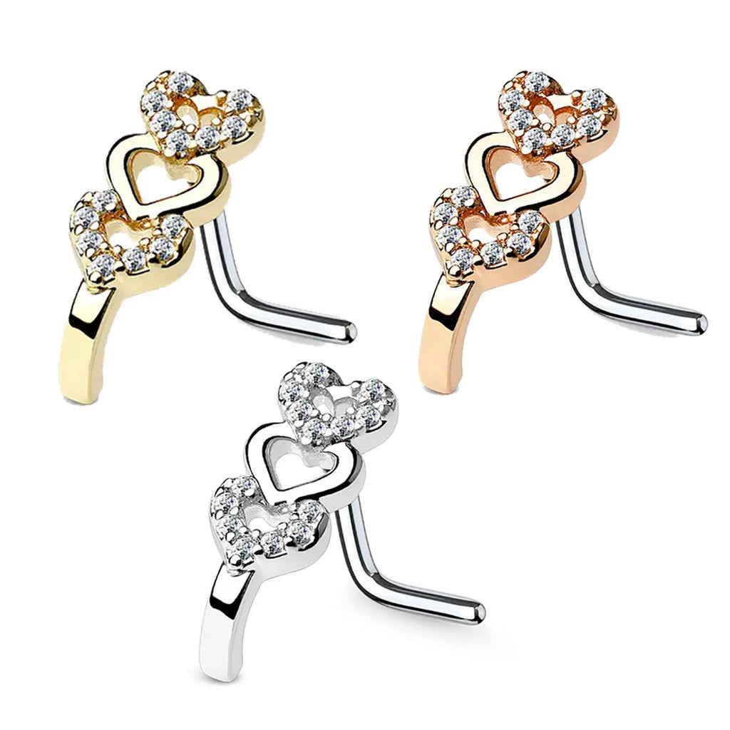 Surgical Steel Nose Ring Stud 20 Gauge 1/4" L Bend & Tripple Heart Gem - Kruelty