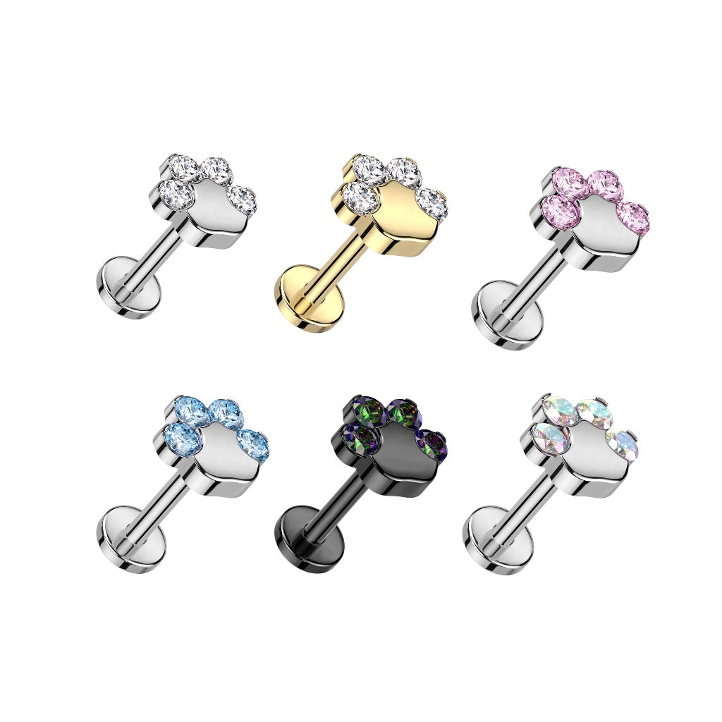 Titanium Push-In Flatback Labret Stud 18G & 20G 8mm with CZ Paw