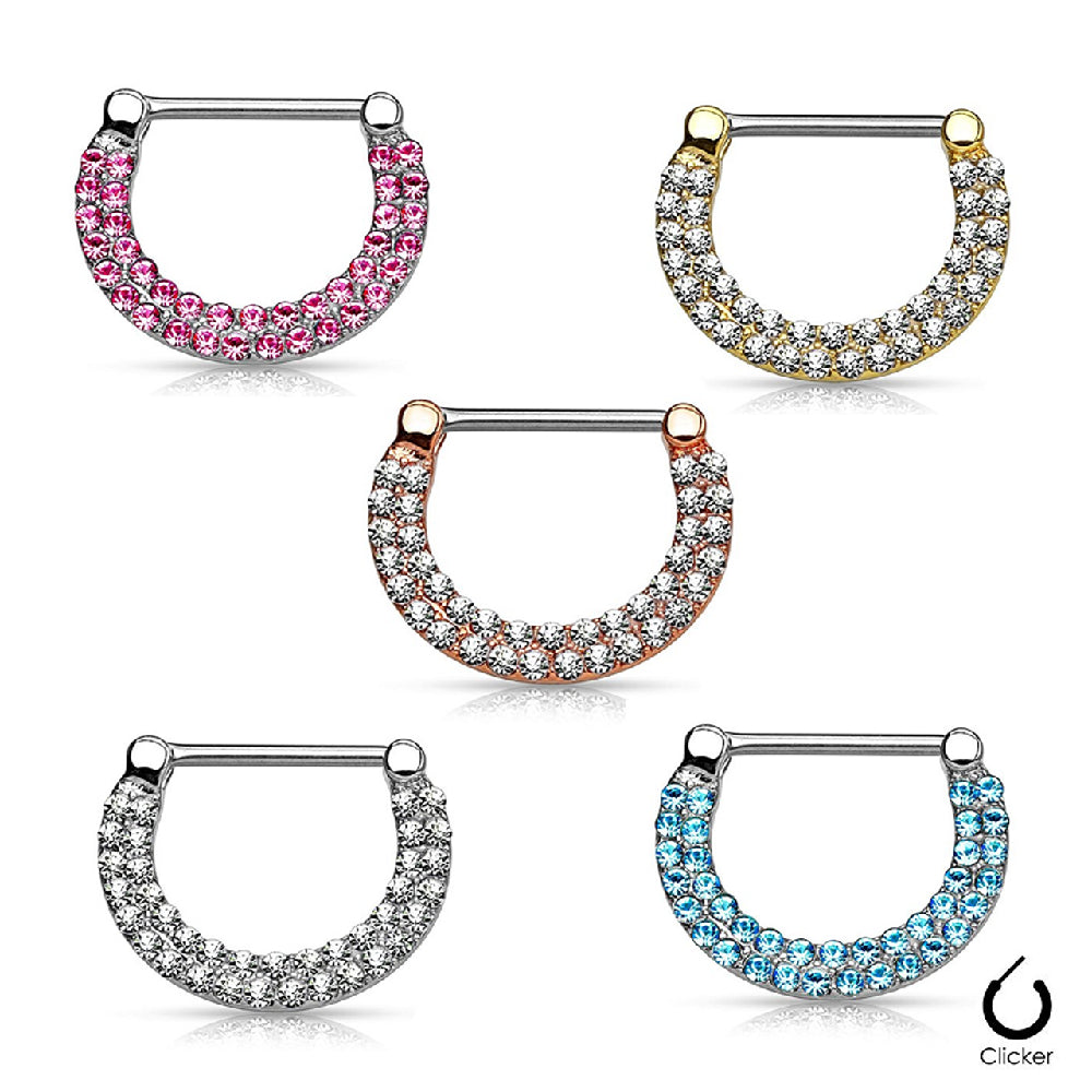 Surgical Steel Nipple Clicker Rings with Double Paved CZ - Pair