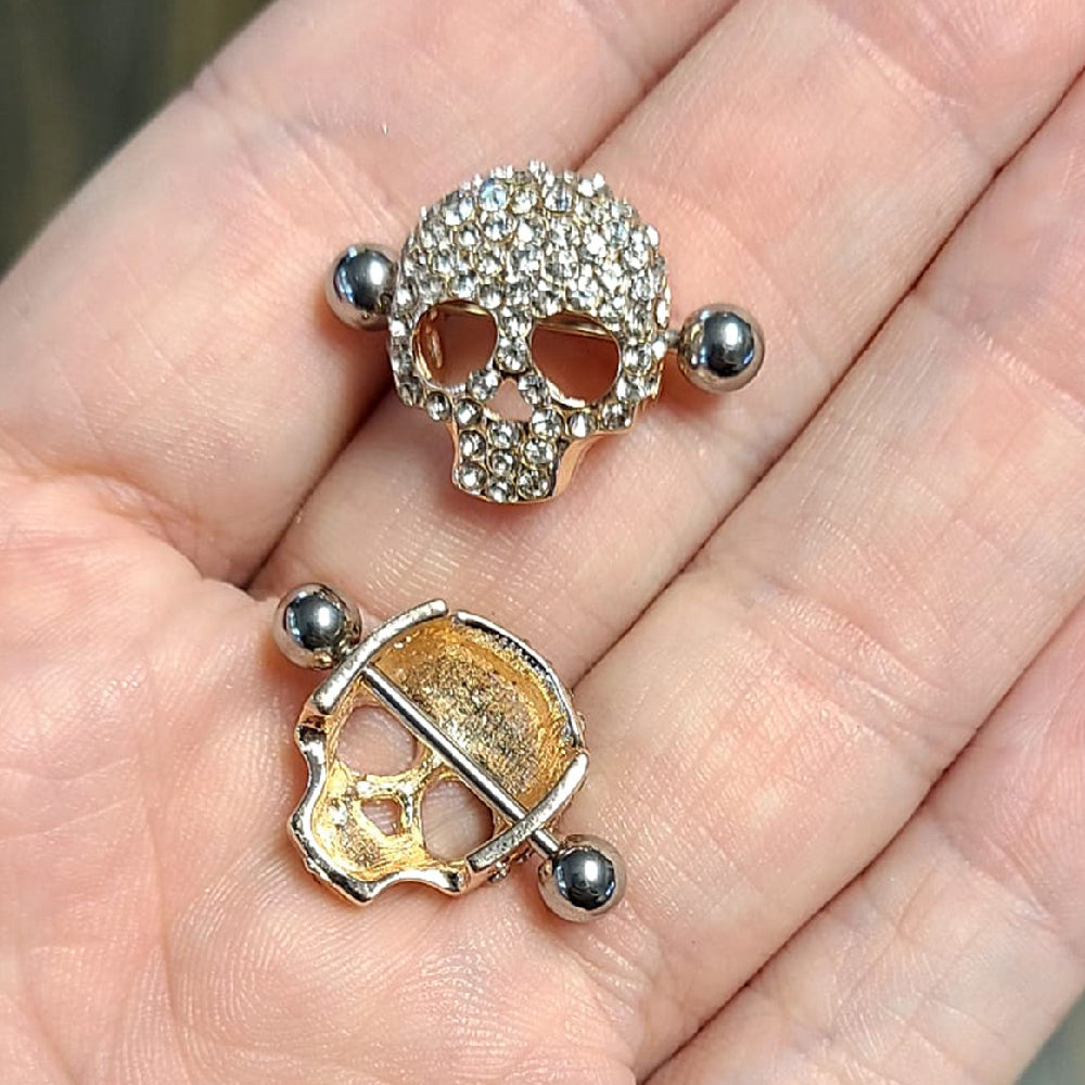 Surgical Steel 14 Gauge Nipple Shield Ring Rose Gold CZ Skull - Pair - photo 2