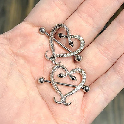 Surgical Steel 14 Gauge Nipple Shield Ring with CZ Snake Heart - Pair - photo 4