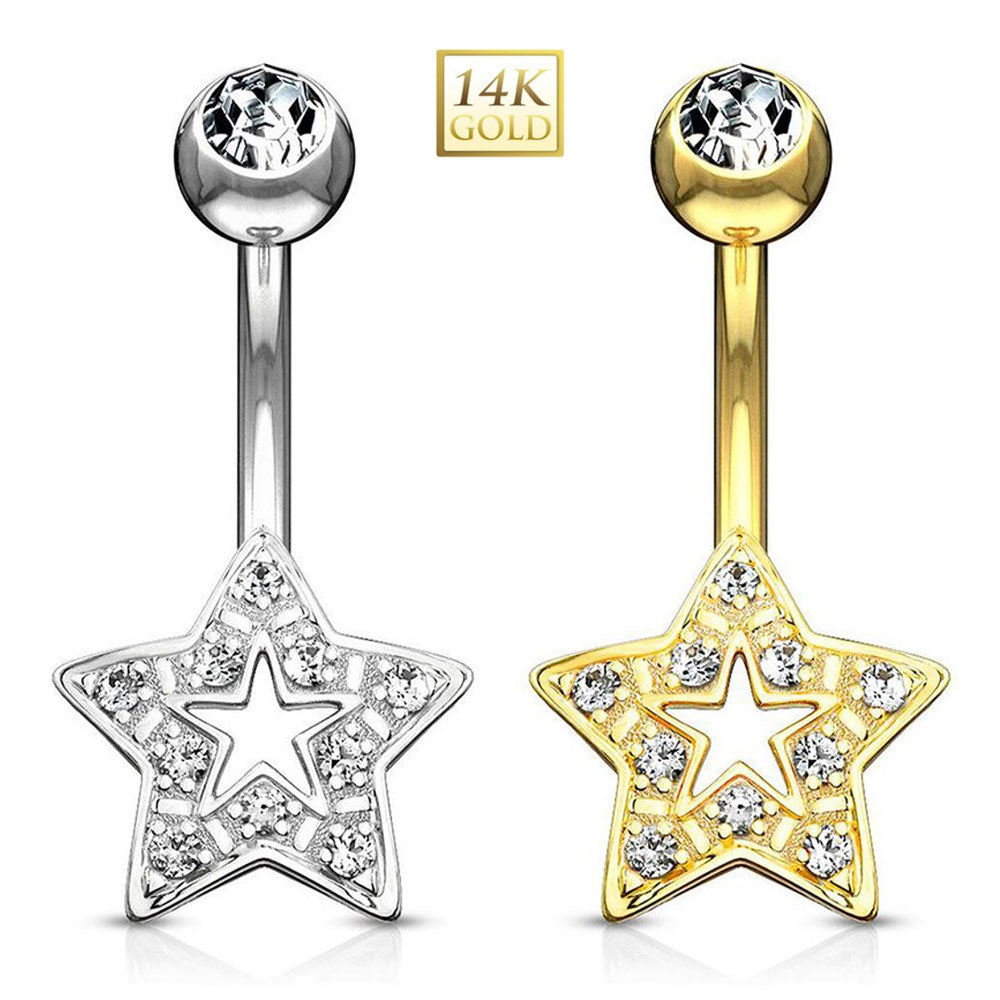 14K Solid Gold 14 Gauge Belly Ring with CZ Star