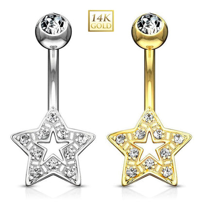 14K Solid Gold 14 Gauge Belly Ring with CZ Star