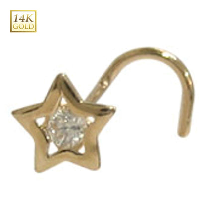 14K Solid Gold 18 Gauge Nose Stud with CZ Star Corkscrew