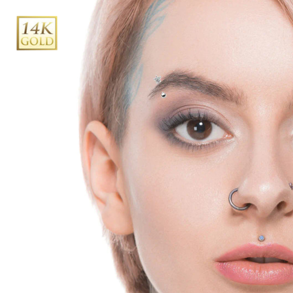 14K Solid Gold 16 Gauge Curved Eyebrow Barbell with CZ Star Top - photo 2