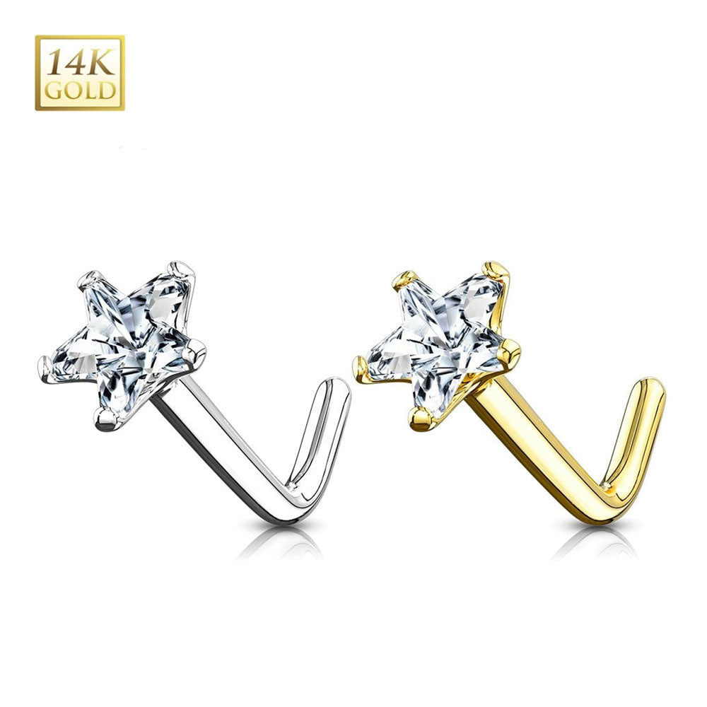 14K Solid Gold 20 Gauge L-Shaped Nose Stud with Star CZ