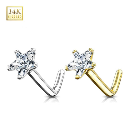 14K Solid Gold 20 Gauge L-Shaped Nose Stud with Star CZ