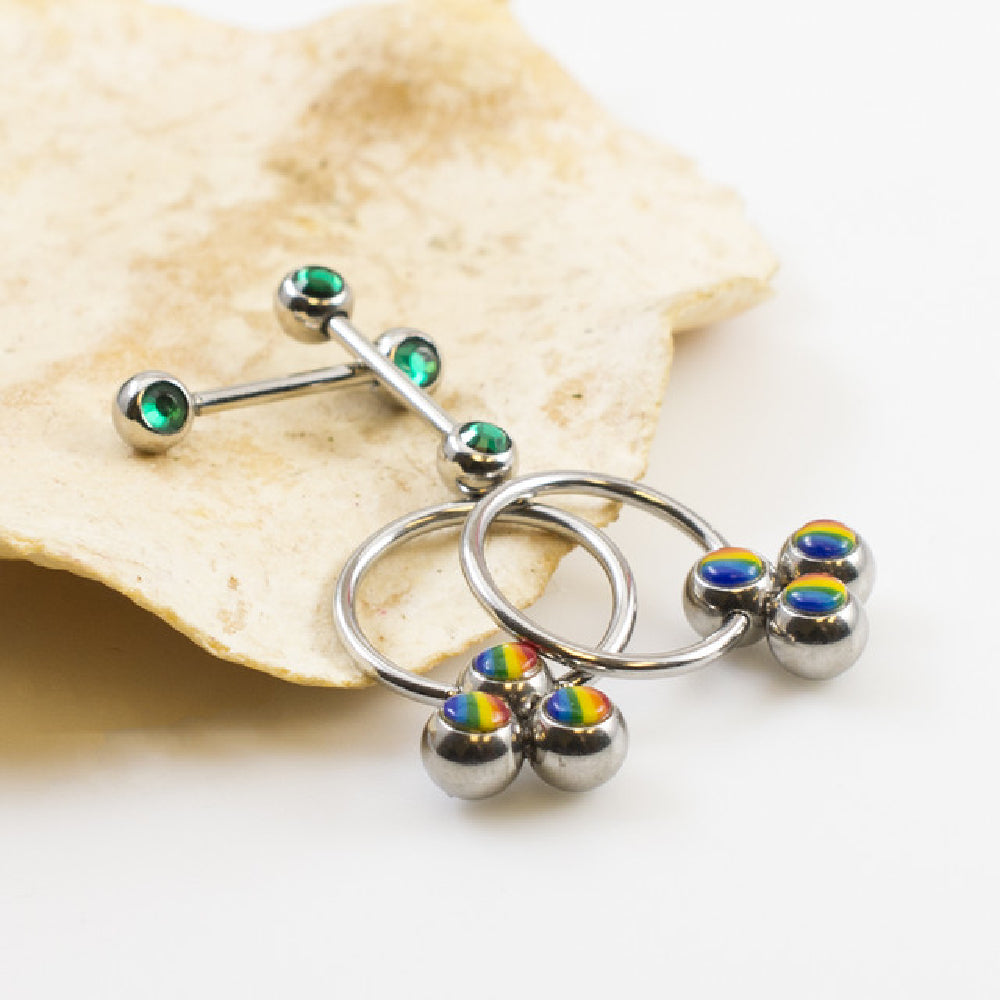 Surgical Steel 16G Straight Barbell & Captive Bead Ring Green CZ Set