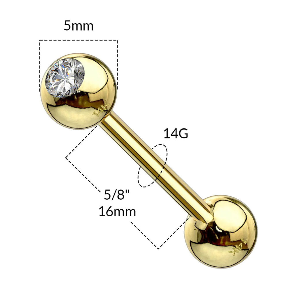 14K Solid Gold 14 Gauge CZ Straight Barbell Nipple Tongue Ring - photo 4