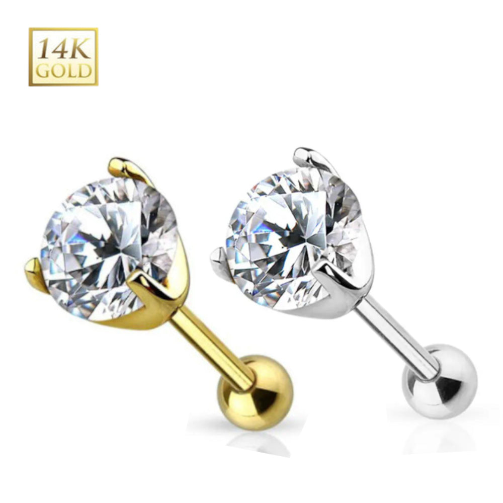 14K Solid Gold 16 Gauge Prong Set CZ Stud Earring