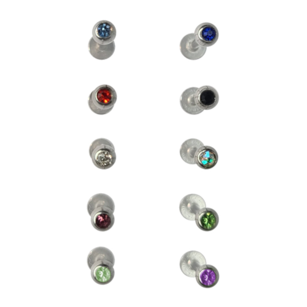 Surgical Steel 16 Gauge Crystal CZ Top Flat Back Labret Studs 10mm