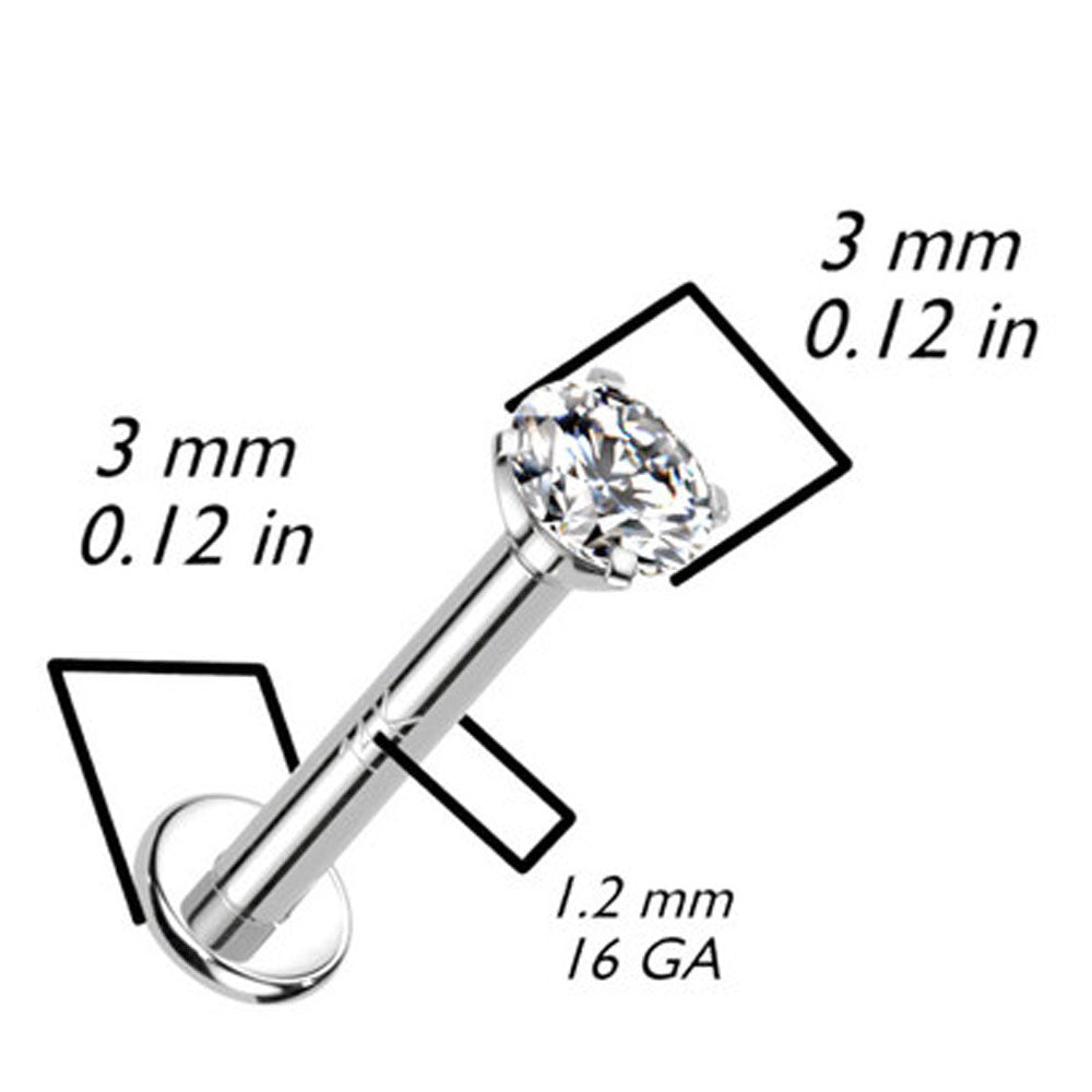 14K Solid Gold 16G Internally Threaded CZ Top Labret Stud - Style 2