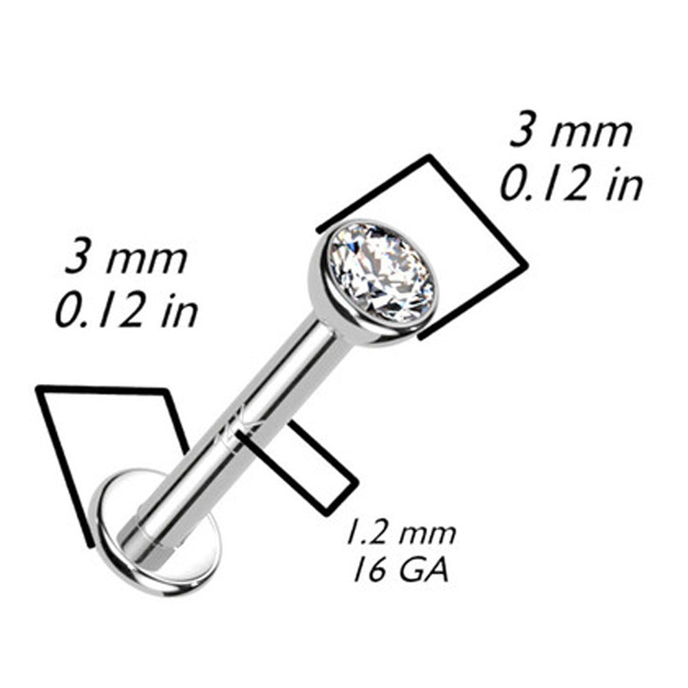 14K Solid Gold 16 Gauge Internally Threaded CZ Top Labret Stud