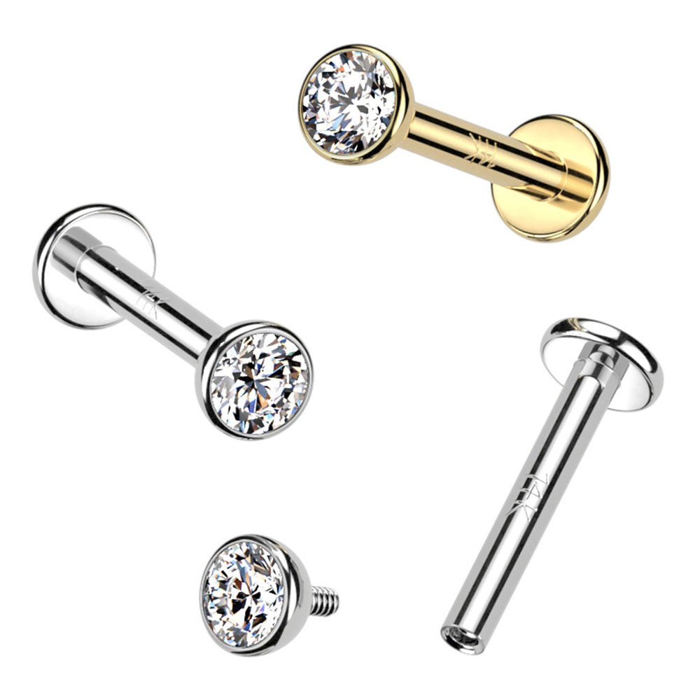 14K Solid Gold 16 Gauge Internally Threaded CZ Top Labret Stud