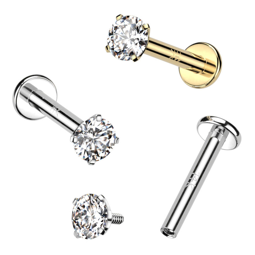 14K Solid Gold 16G Internally Threaded CZ Top Labret Stud - Style 2