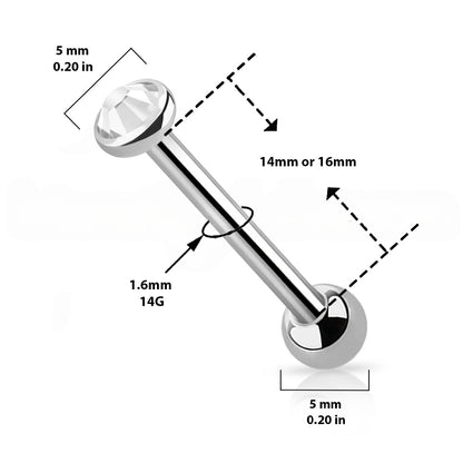 Titanium Tongue Barbell 14G 14mm & 16mm with Bezel CZ Top - photo 2