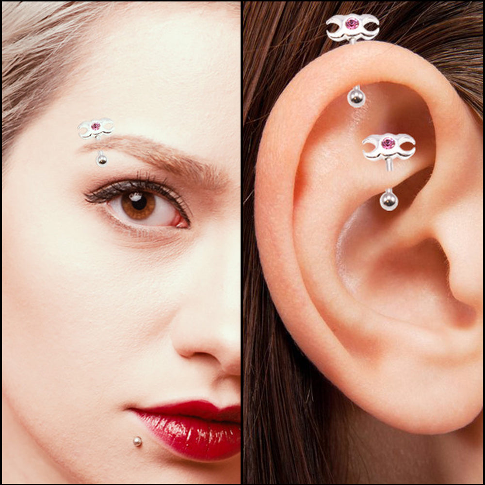 Surgical Steel 16 Gauge Eyebrow Barbell with CZ Triple Moon - photo 3