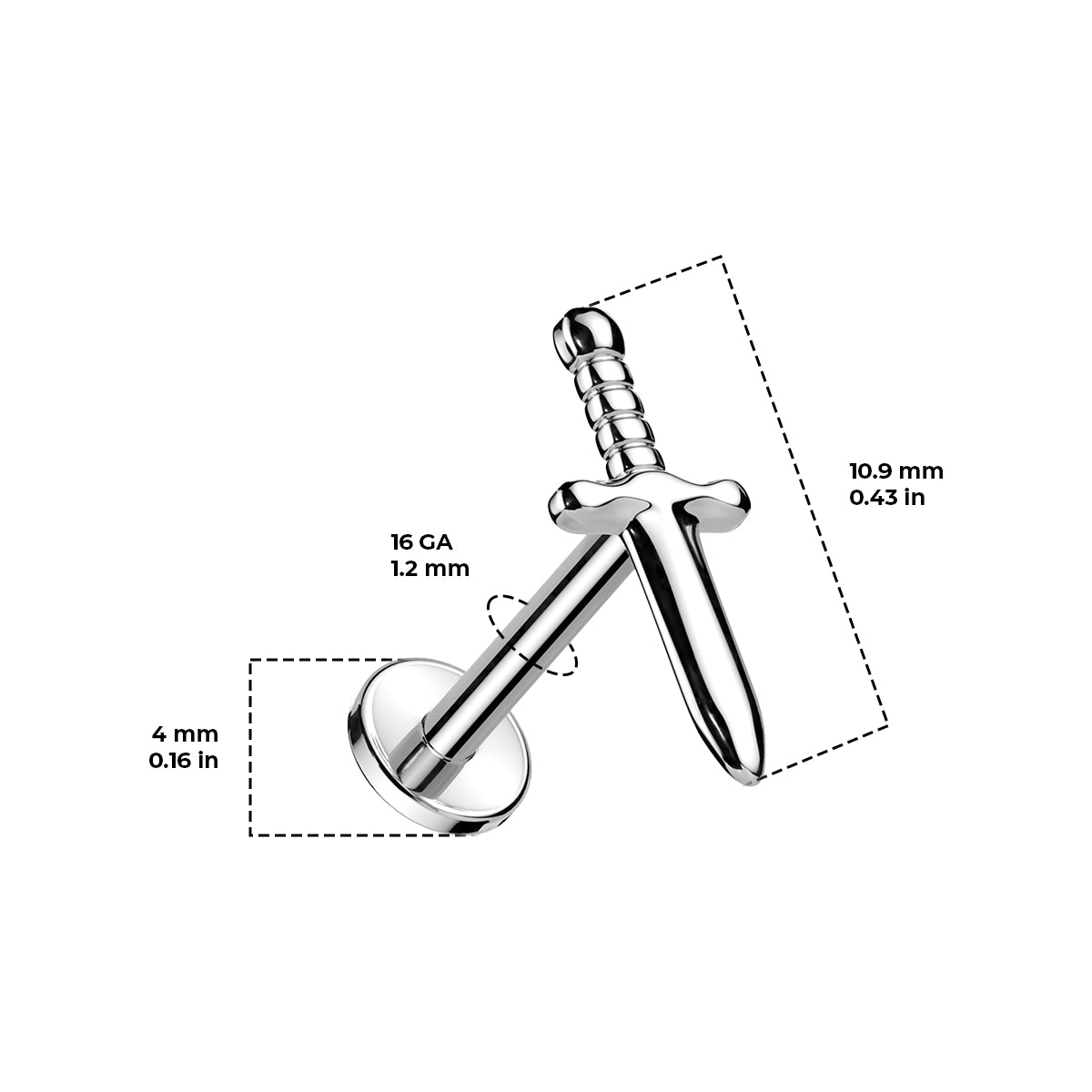 Titanium Flat Back Labret Stud 16G 6mm & 8mm with Dagger Top - photo 4
