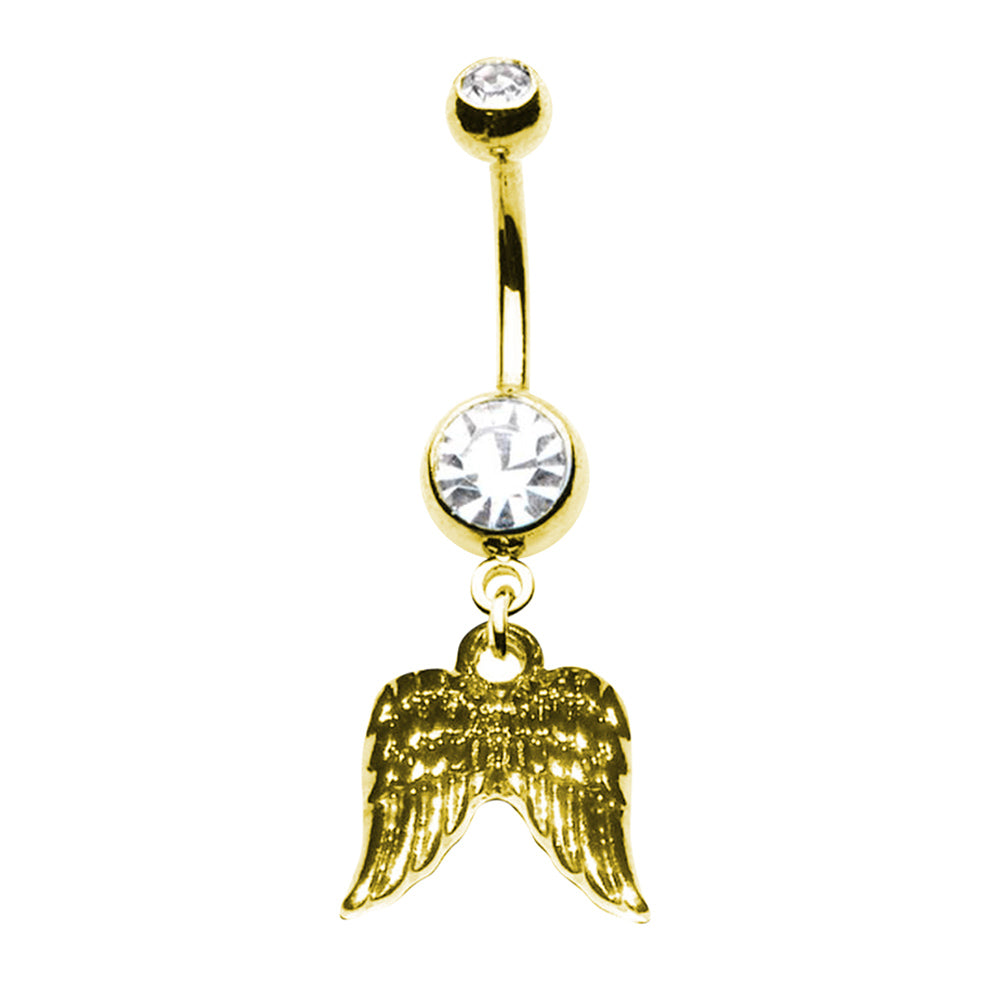 Surgical Steel 14 Gauge Belly Ring with PVD Gold Angel Wings Dangle