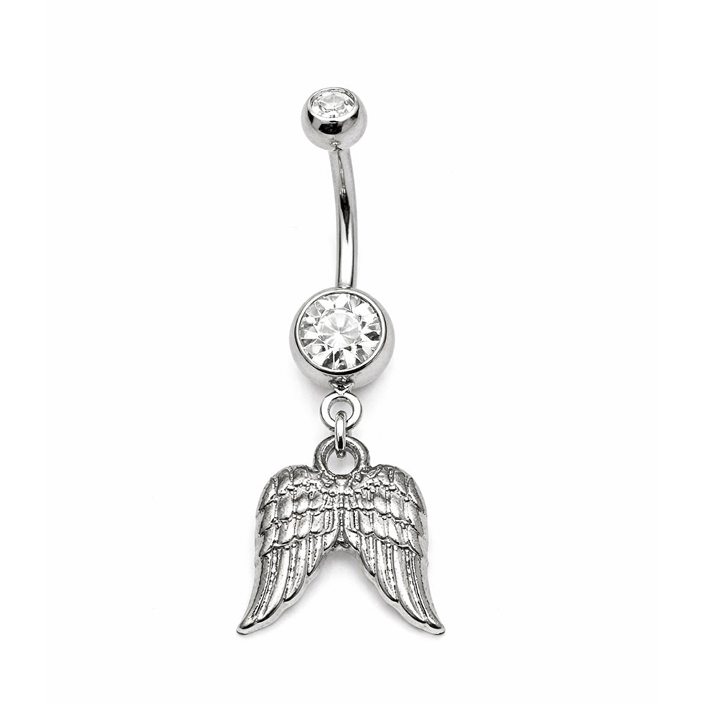 Surgical Steel 14 Gauge Belly Ring with CZ Dangle Angel Wings