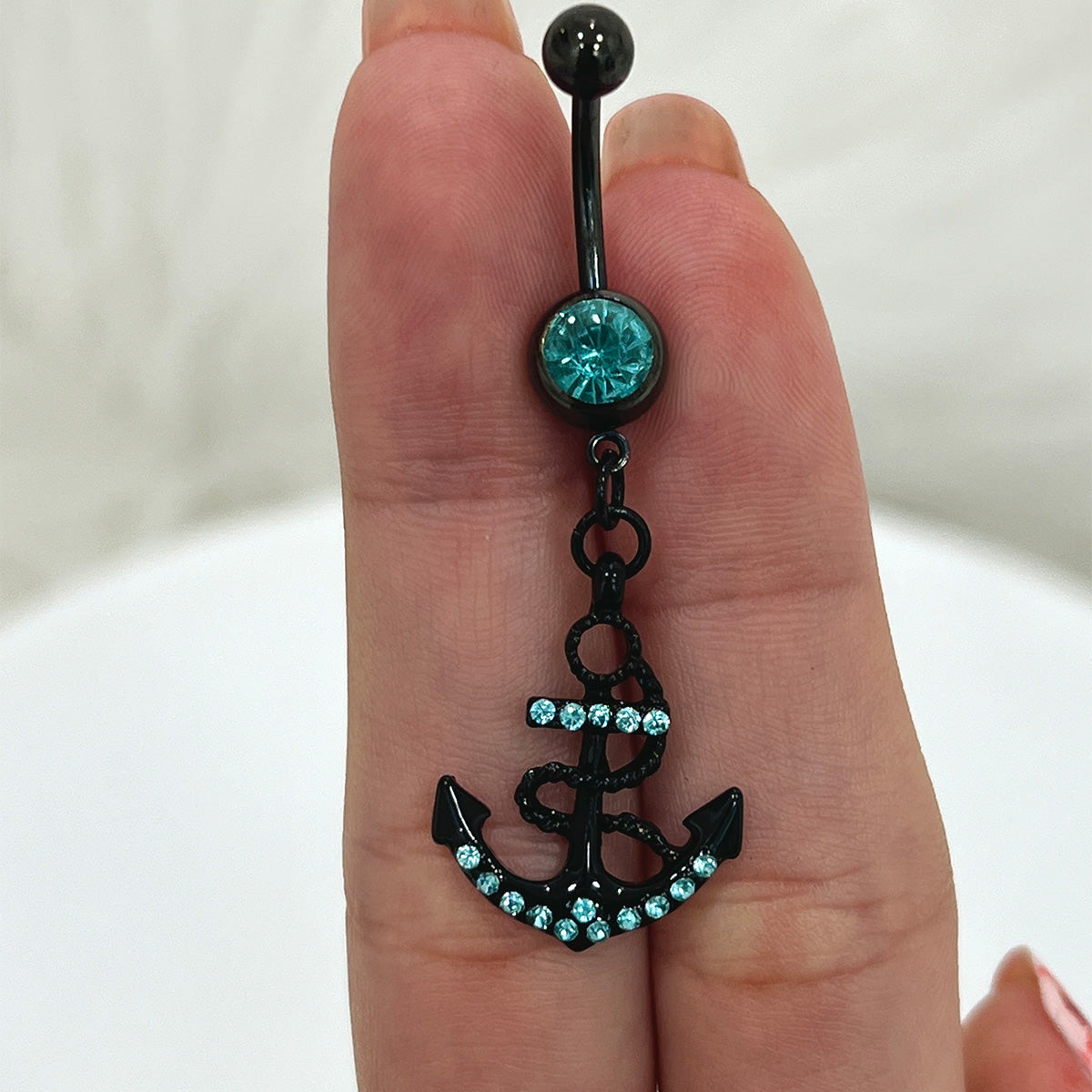 Surgical Steel 14 Gauge Belly Ring PVD Black with CZ Dangle Anchor - photo 4