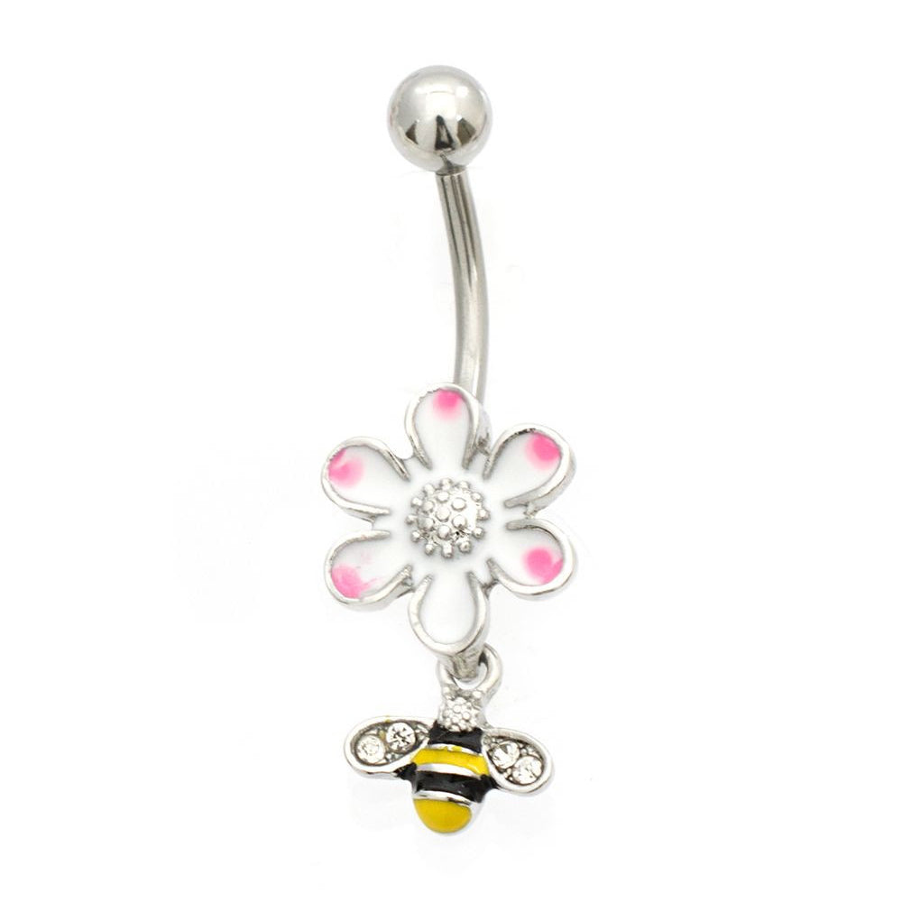 Surgical Steel 14 Gauge Belly Ring with Dangle Bee Flower